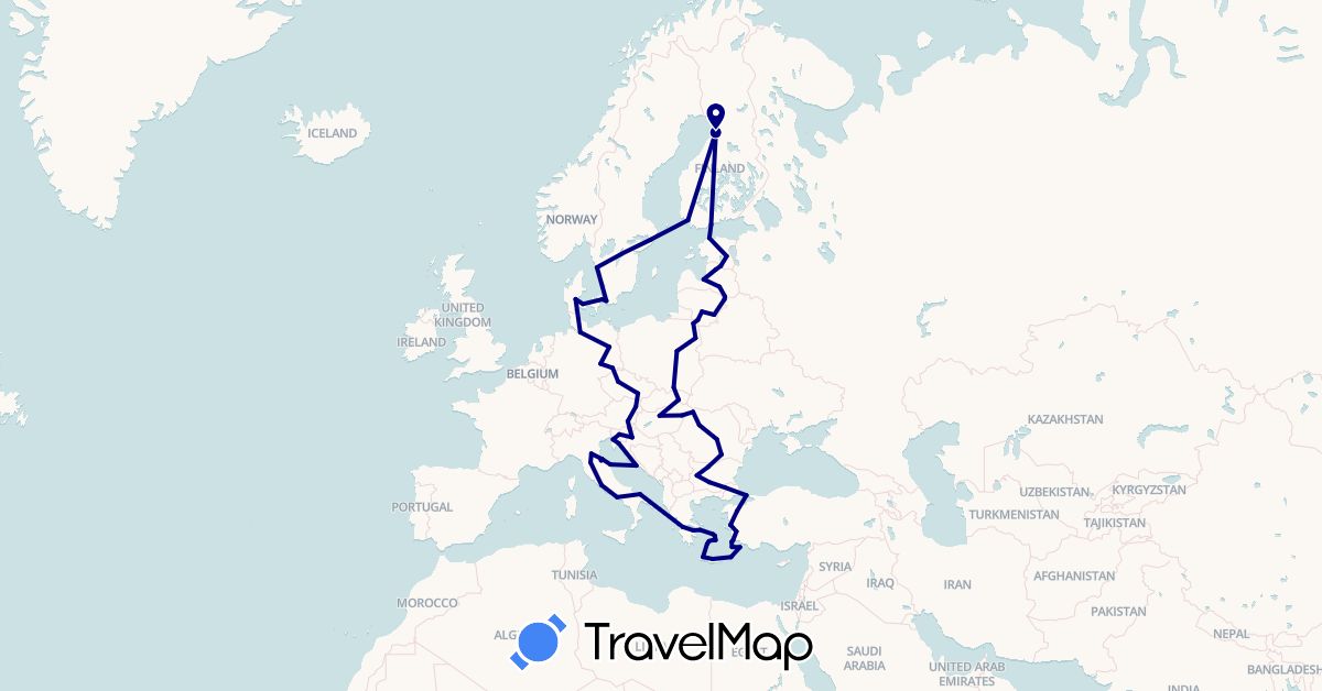 TravelMap itinerary: driving in Austria, Bulgaria, Czech Republic, Germany, Denmark, Estonia, Finland, Greece, Croatia, Hungary, Italy, Lithuania, Latvia, Poland, Romania, Sweden, Slovenia, Slovakia, San Marino, Turkey (Asia, Europe)