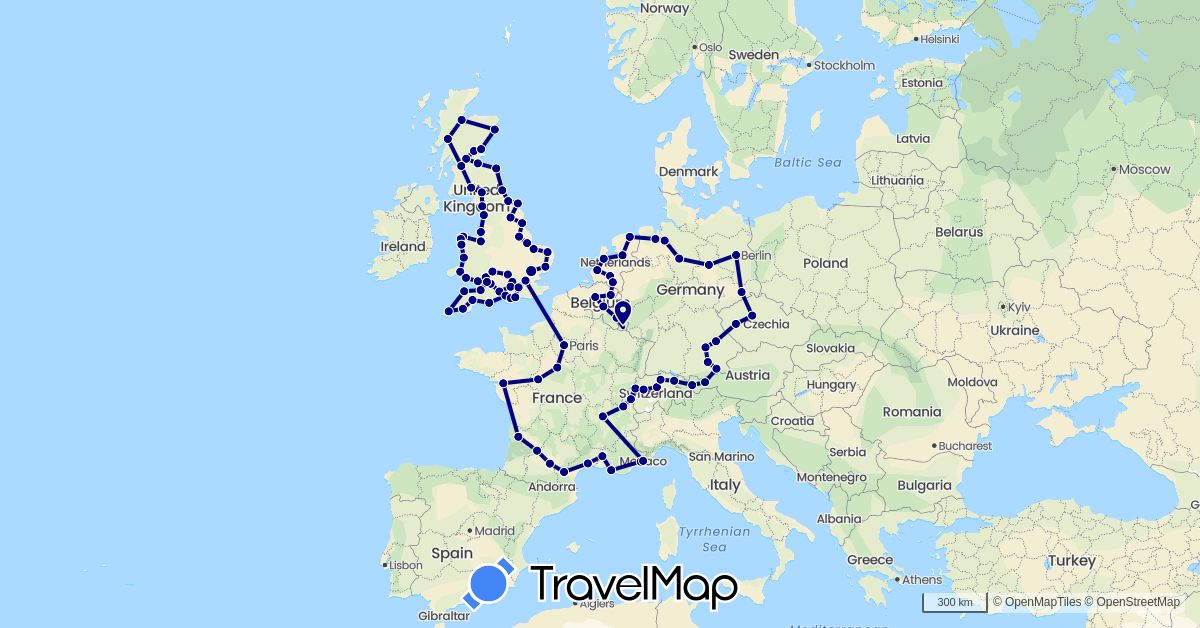 TravelMap itinerary: driving in Austria, Belgium, Switzerland, Czech Republic, Germany, France, United Kingdom, Luxembourg, Monaco, Netherlands (Europe)