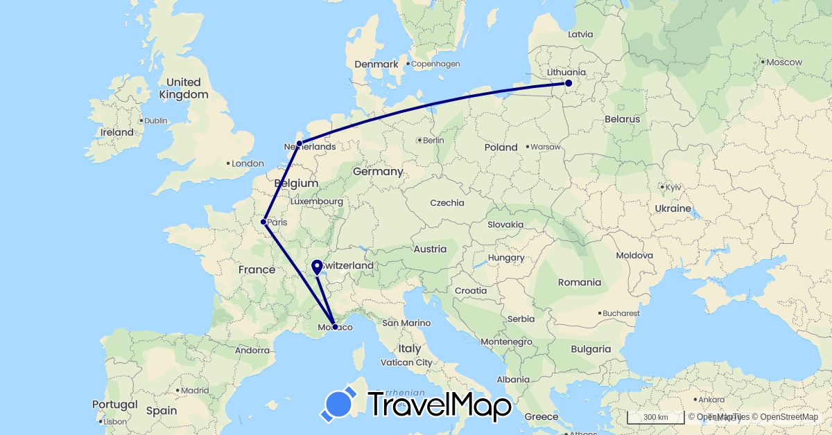 TravelMap itinerary: driving in Switzerland, France, Lithuania, Monaco, Netherlands (Europe)